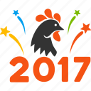 2017 celebration, burst, fireworks, new year, rooster, salute, sparkle