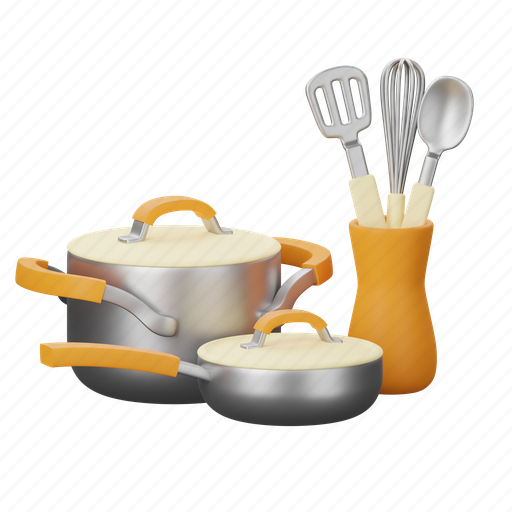 Kitchenware, pot, pan, whisk, spatula, frying, utensils 3D illustration - Download on Iconfinder