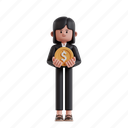holding, coin, 3d character, 3d illustration, 3d render, 3d businesswoman, carry, bring, dollar, profit, financial, stability, capital, bonus, get, salary, pay 