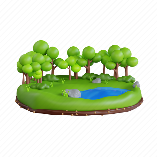 Pond, tree, nature, water, landscape, forest, grass 3D illustration - Download on Iconfinder