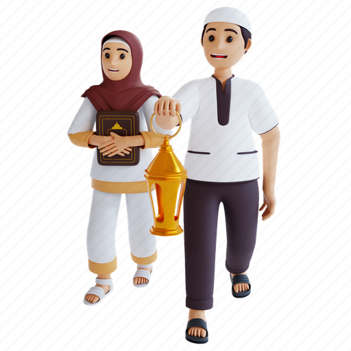 Muslim, kid, welcoming, ramadan, lantern, boy, girl 3D illustration - Download on Iconfinder