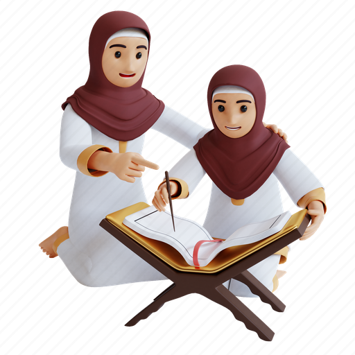 Reading, quran, girl, mother, tadarus, 3d render 3D illustration - Download on Iconfinder