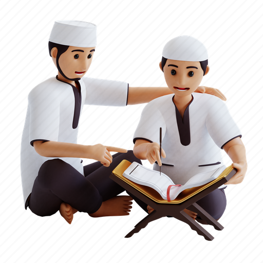 Reading, quran, son, father, learning, tadarus, 3d render 3D illustration - Download on Iconfinder