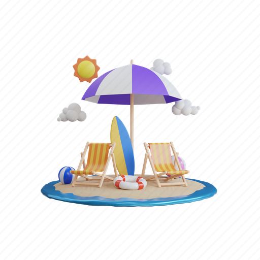 Summer, beach, parasol, chair, lounger, water, sand 3D illustration - Download on Iconfinder