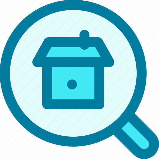 Apartment, buildings, magnifying glass, real estate, search, searching icon - Download on Iconfinder