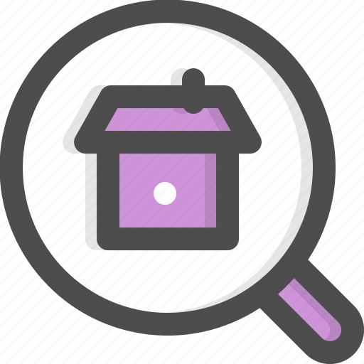Apartment, buildings, find, magnifying glass, real estate, search, searching icon - Download on Iconfinder