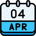 calendar, april, four, date, monthly, time, and, month, schedule