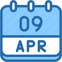 calendar, april, nine, date, monthly, time, and, month, schedule