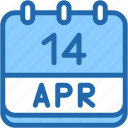 calendar, april, fourteen, date, monthly, time, and, month, schedule