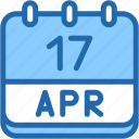 calendar, april, seventeen, date, monthly, time, and, month, schedule