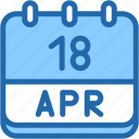 calendar, april, eighteen, date, monthly, time, and, month, schedule