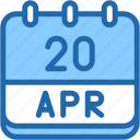 calendar, april, twenty, date, monthly, time, and, month, schedule