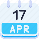 calendar, april, seventeen, date, monthly, time, and, month, schedule
