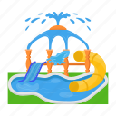water fountain, water tubes, water slide, water land, aqua park, swimming pool