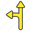 directional, arrow, direction, path, split, straight, turn 