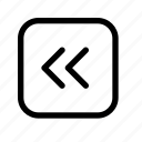 double chevron, left, back, previous, first, backward, reply, square