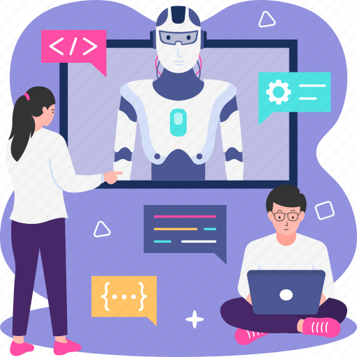 Robot, developer, development, laptop, programming, artificial intelligence illustration - Download on Iconfinder