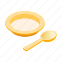 baby, eat, isometric, object, plate, set, spoon