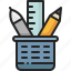 ruler, draw, pen, pencil, equipment, holder, stationery 