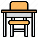 desk, class, classroom, school, chair, table, education