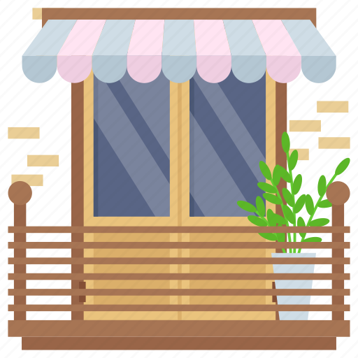 Balcony, window, flower pot, wooden, brick wall, wooden paneling, grill icon - Download on Iconfinder
