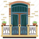 balcony, window, casement window, door, bar terrace, flowers, baluster 