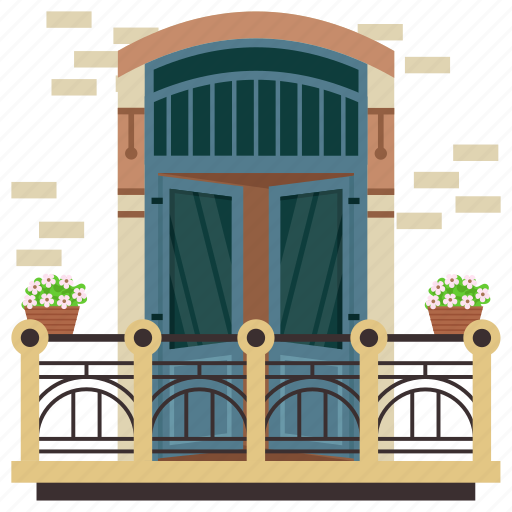 Balcony, window, casement window, door, bar terrace, flowers, baluster icon - Download on Iconfinder