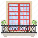 terrace, balcony, flower pot, grill, windows, square shaped 