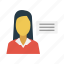avatar, employee, female, message, text 