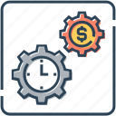 clock, cogwheel, dollar, gear, money time, planning, time management