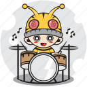 bee, character, costume, drummer, emoticon, mascot, music