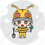 activity, bee, character, costume, emoticon, mascot, plant 