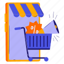 ecommerce, mobile, online shopping, discount, trolley, advertising, marketing, megaphone, promotion