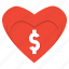 dollar, donation, finance, gift, heart, love, shopping 