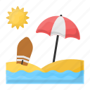 beach, sea, summer, umbrella, sunbed, seashore, surf