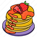 pancakes, breakfast, butter, bread, food, melt, meal, strawberries, honey syrup