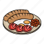 egg, sausages, tomatoes, beans, fried egg, meat, hot dog 