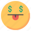 dollar, emoji, emoticon, happy, money, oriented, rich 