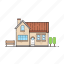 bench, building, house, mansion, shack, tree 