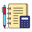 balance sheet, bookkeeping, calculator, data recording, document, ledger, accounting
