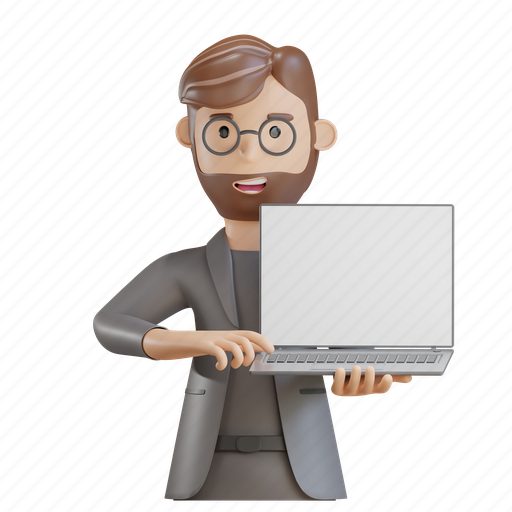 Businessman, business man, showing, pointing, laptop, notebook, device 3D illustration - Download on Iconfinder