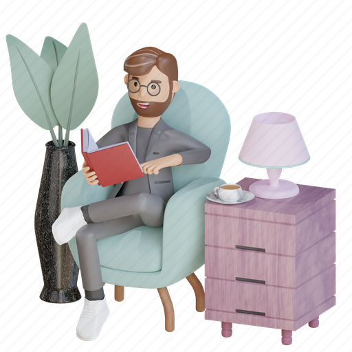 Business man, businessman, reading, book, sofa, living room, education 3D illustration - Download on Iconfinder