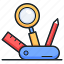 tools, magnifier, ruler, pencil