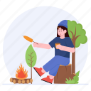 woman, grilling, corn, bonfire, campfire, grill, holiday, activity, cooking