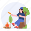 woman, grilling, corn, bonfire, campfire, grill, holiday, activity, cooking 