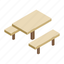 bench, garden, isometric, picnic, table, wood, wooden