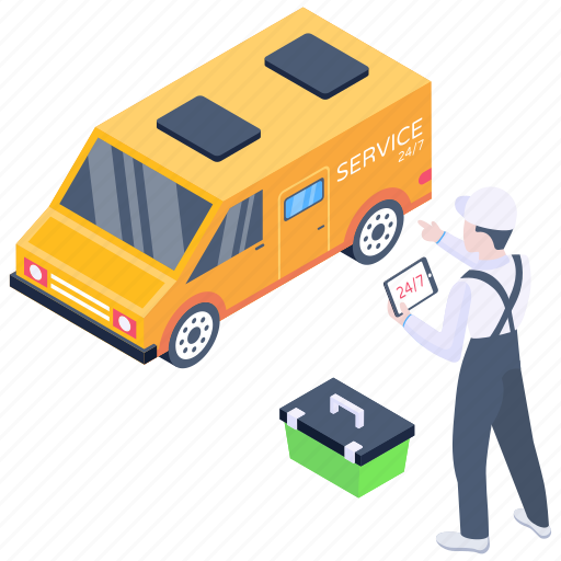24/7 service, auto service, repair service, service van, mechanic illustration - Download on Iconfinder
