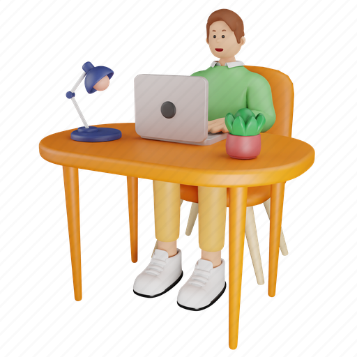 Working, on, laptop, character, men, turn, computer 3D illustration - Download on Iconfinder