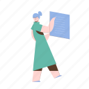 character, builder, document, paper, page, woman, female