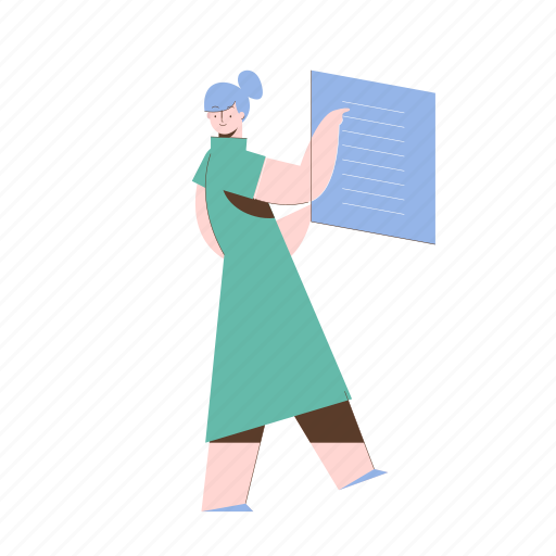 Character, builder, document, paper, page, woman, female illustration - Download on Iconfinder